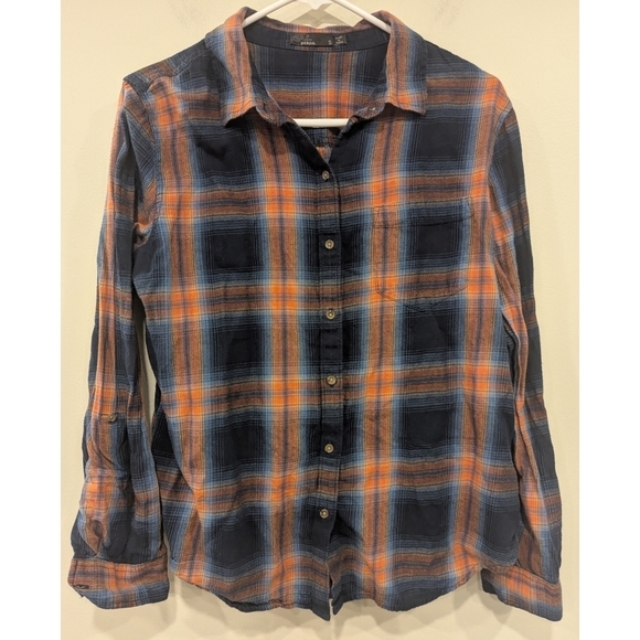 Prana Orange And Blue Flannel Button Up Shirt Size Small - Picture 1 of 4